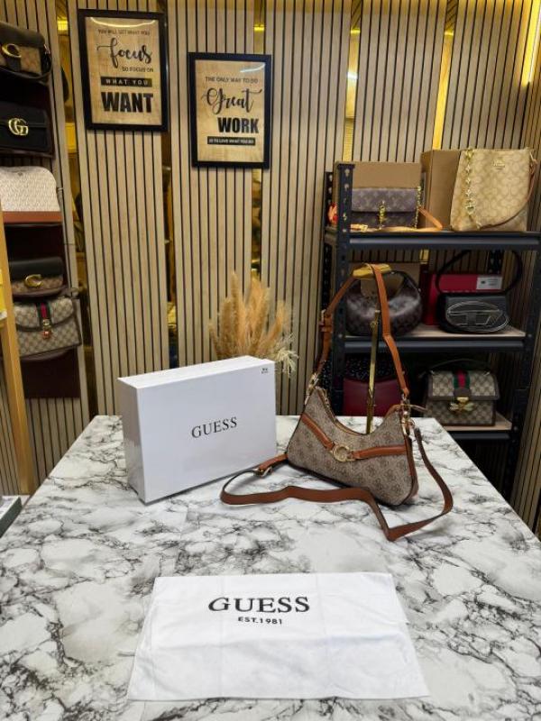 Guess Signature Monogram Baguette Shoulder Bag With Box And Dust Bag (Brown) Main image