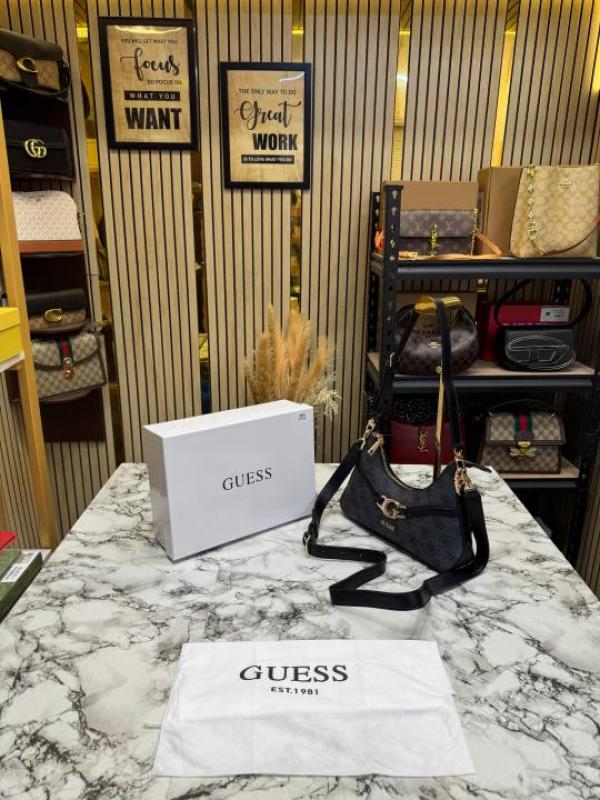 Guess-Inspired Signature Monogram Baguette Shoulder Bag With Box And Dust Bag (Grey)