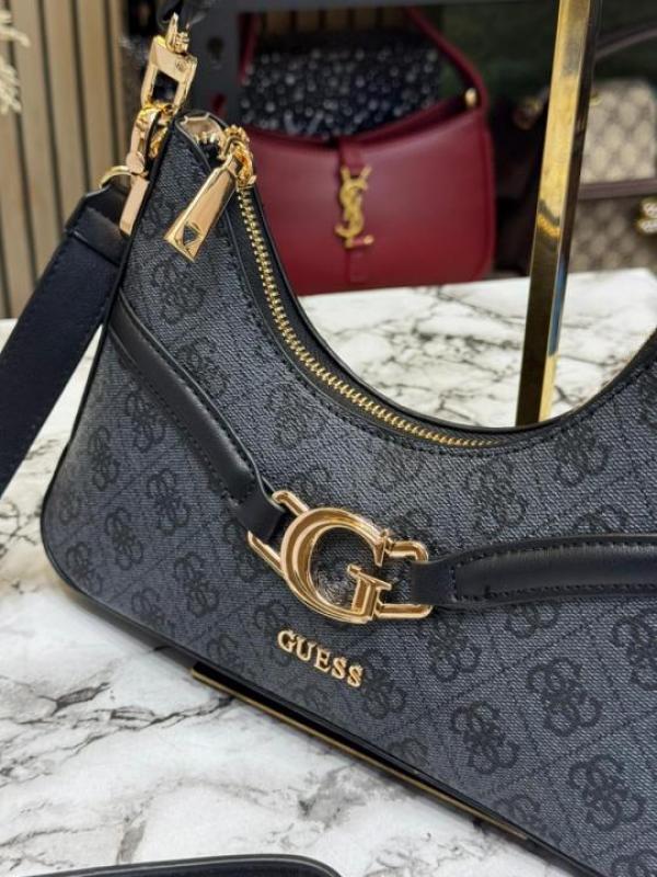 Guess-Inspired Signature Monogram Baguette Shoulder Bag With Box And Dust Bag (Grey)