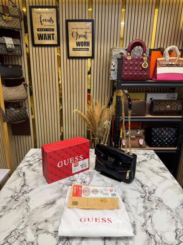 Guess-inspired Trissa Glossy Convertible Flap Crossbody Bag With Box And Dust Bag (Black)