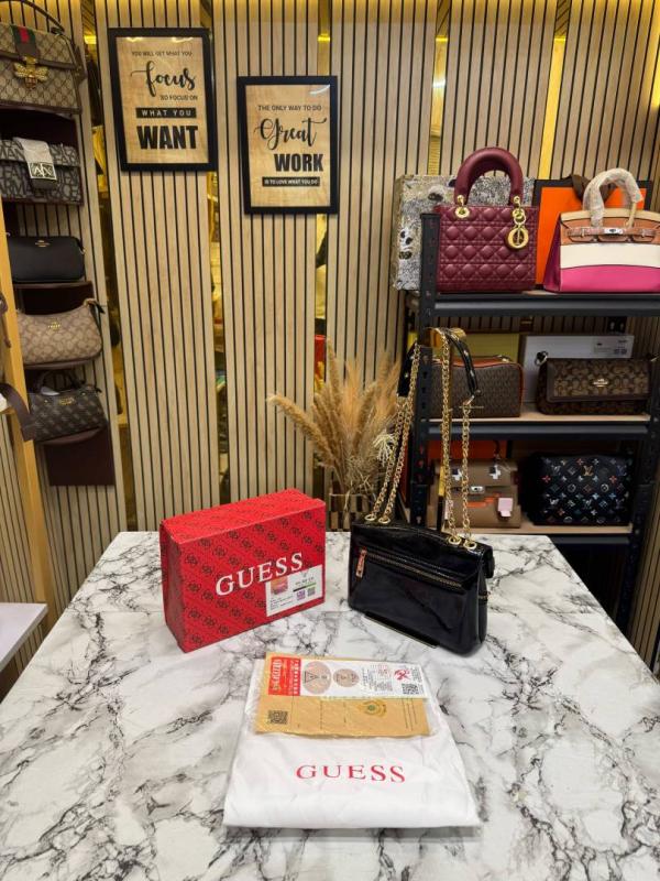 Guess-inspired Trissa Glossy Convertible Flap Crossbody Bag With Box And Dust Bag (Black)