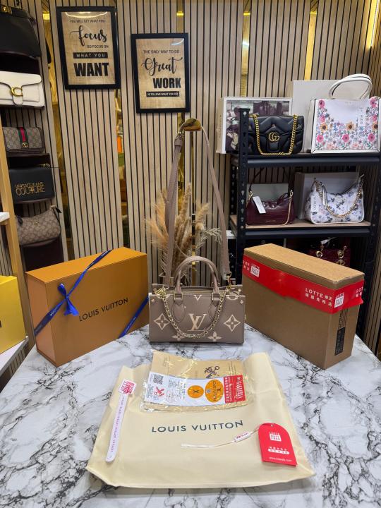 LV-Inspired On The Go East West Bi-Color Monogram Handbag With Double Box Packaging (Khaki)