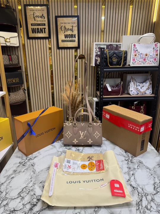 LV-Inspired On The Go East West Bi-Color Monogram Handbag With Double Box Packaging (Khaki)