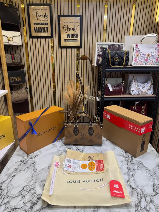 LV-Inspired On The Go East West Bi-Color Monogram Handbag With Double Box Packaging (Brown)