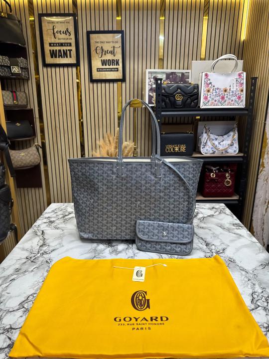 Goyard Inspired Saint Louiis PM Bag in Gray Chevron Canvas Tote Bag with Matching Pouch & Dust Bag