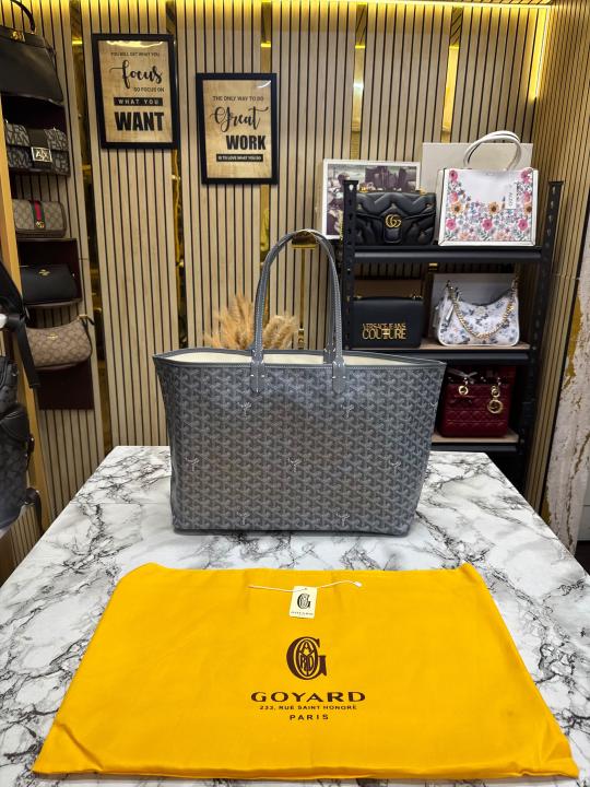 Goyard Inspired Saint Louiis PM Bag in Gray Chevron Canvas Tote Bag with Matching Pouch & Dust Bag