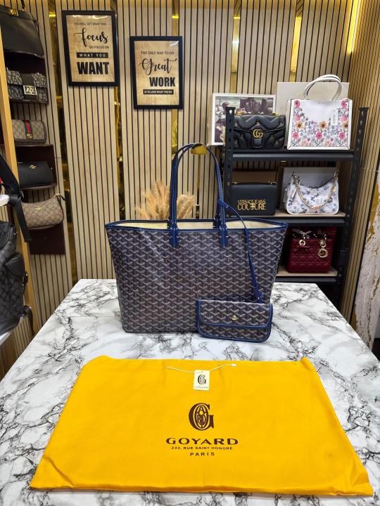 Goyard Inspired Saint Louiis PM Bag in Blue Chevron Canvas Tote Bag with Matching Pouch & Dust Bag Main image