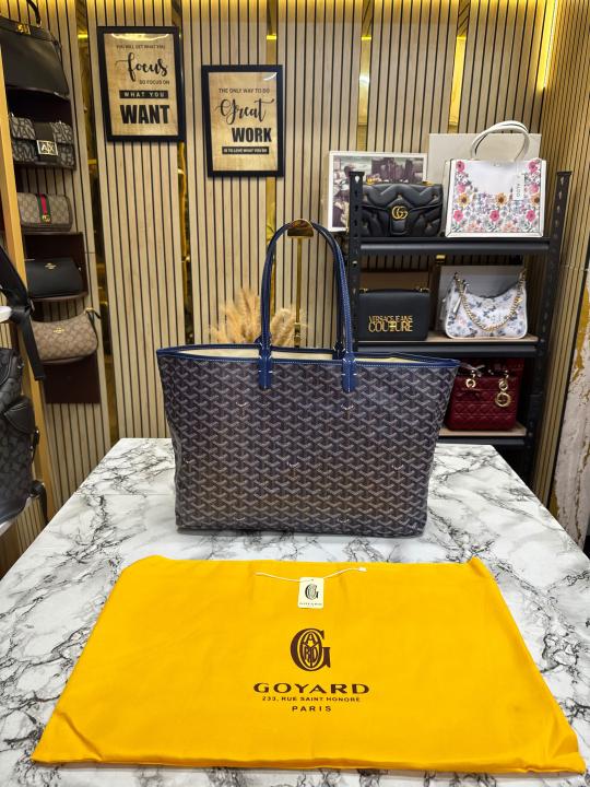Goyard Inspired Saint Louiis PM Bag in Blue Chevron Canvas Tote Bag with Matching Pouch & Dust Bag
