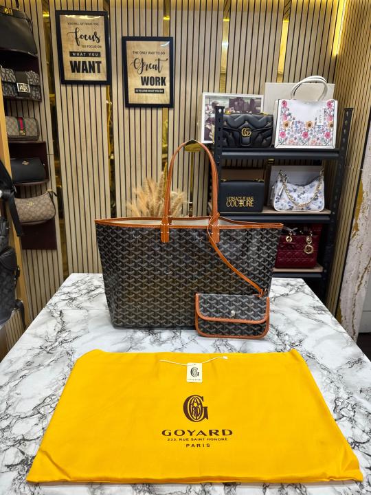 Goyard Inspired Saint Louiis PM Bag in Brown Chevron Canvas Tote Bag with Matching Pouch & Dust Bag Main image