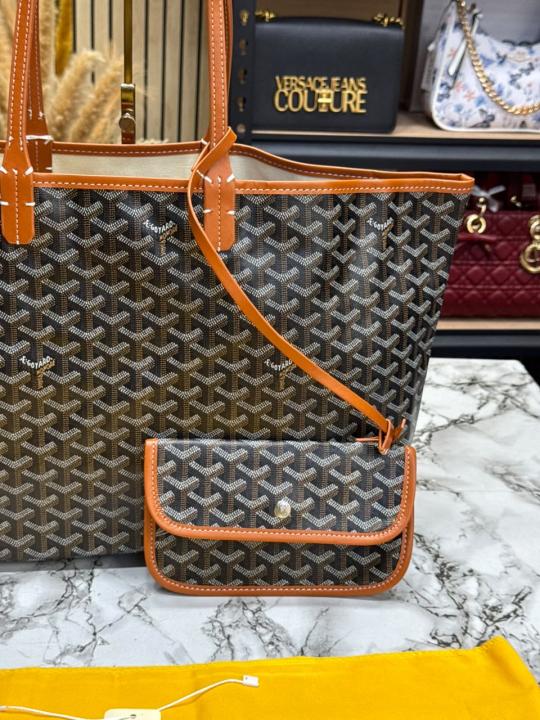 Goyard Inspired Saint Louiis PM Bag in Brown Chevron Canvas Tote Bag with Matching Pouch & Dust Bag