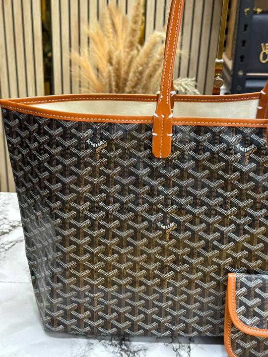 Goyard Inspired Saint Louiis PM Bag in Brown Chevron Canvas Tote Bag with Matching Pouch & Dust Bag
