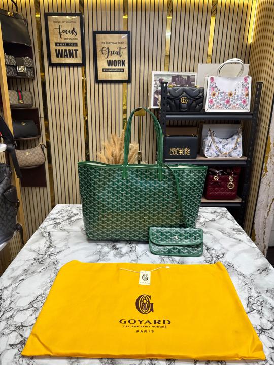 Goyard Inspired Saint Louiis PM Bag in Green Chevron Canvas Tote Bag with Matching Pouch & Dust Bag Main image