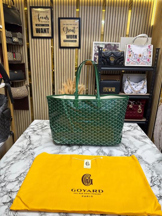 Goyard Inspired Saint Louiis PM Bag in Green Chevron Canvas Tote Bag with Matching Pouch & Dust Bag