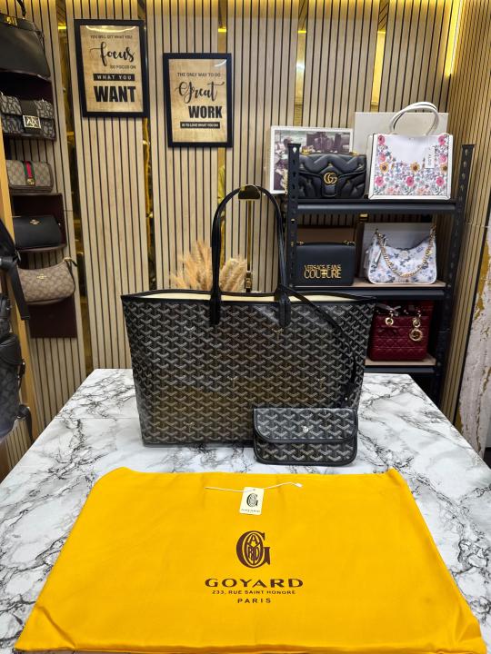 Goyard Inspired Saint Louiis PM Bag in Black Chevron Canvas Tote Bag with Matching Pouch & Dust Bag