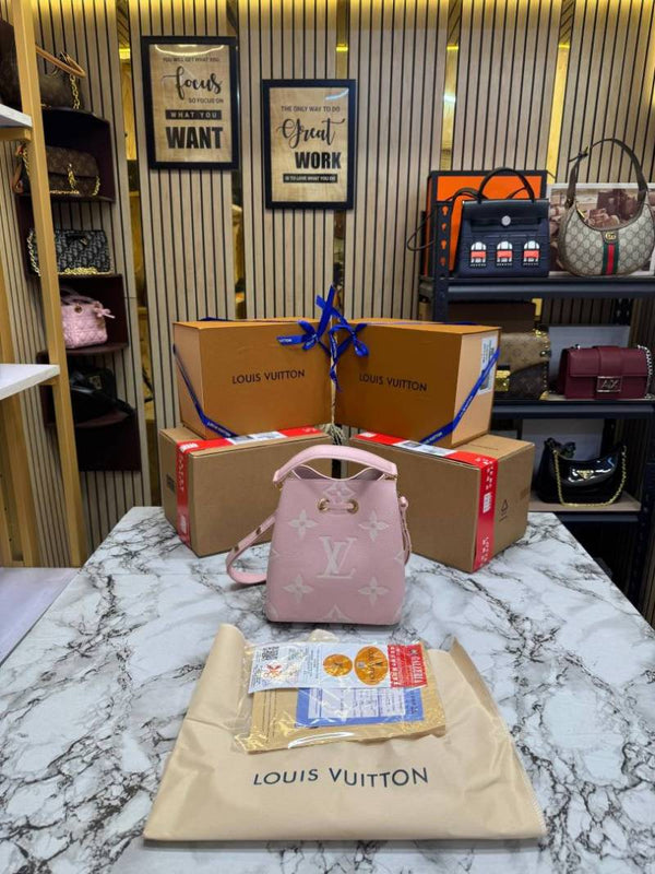 LV-Inspired Neo Noe BB Giant Monogram Leather Bucket Bag (Pink)