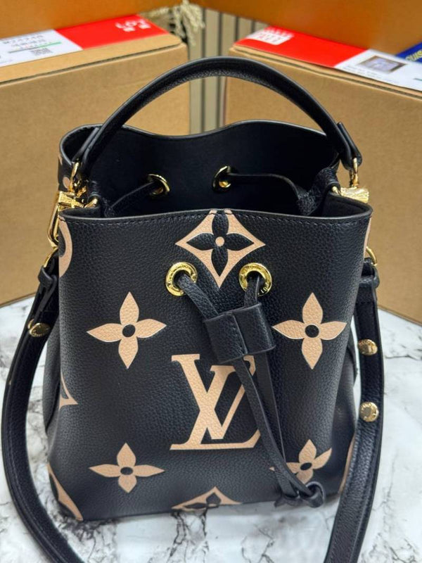 LV-Inspired Neo Noe BB Giant Monogram Leather Bucket Bag (White-Black)