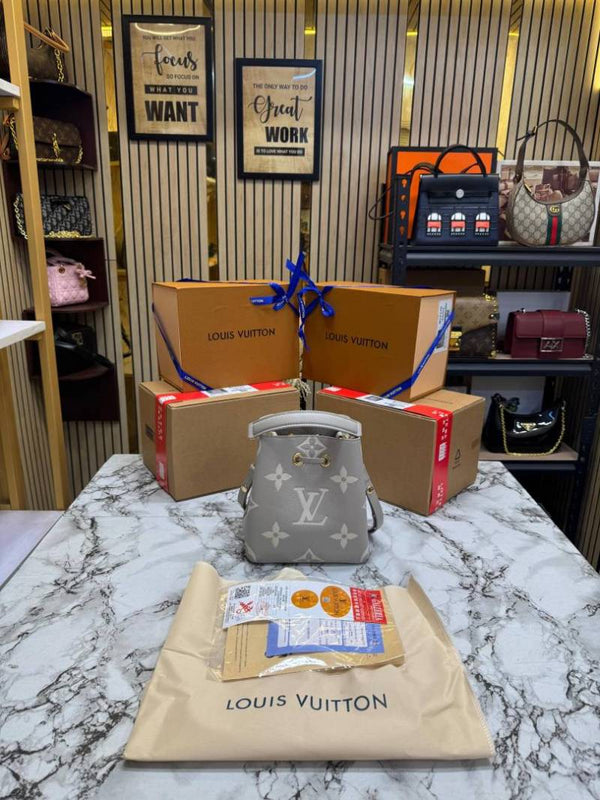 LV-Inspired Neo Noe BB Giant Monogram Leather Bucket Bag (Grey)