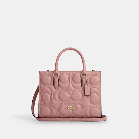C-Inspired Maggie Embossed Leather Top Handle Crossbody Bag With Magnetic Box Including Carry Bag (Pink)