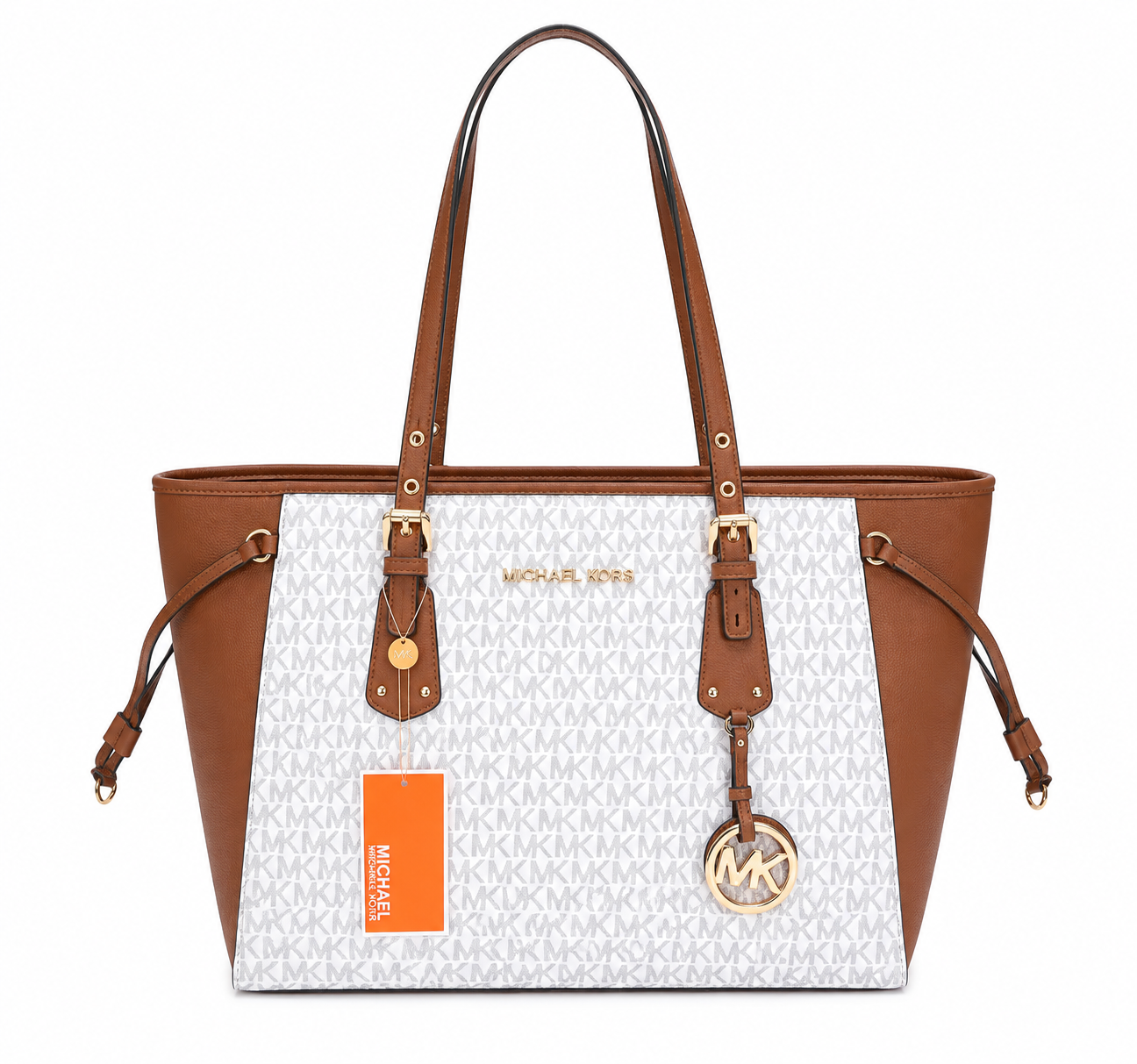 MK-Inspired Jet Set Travel Signature Logo Large Top-Zip Tote Bag With Dust Bag (Beige Brown)