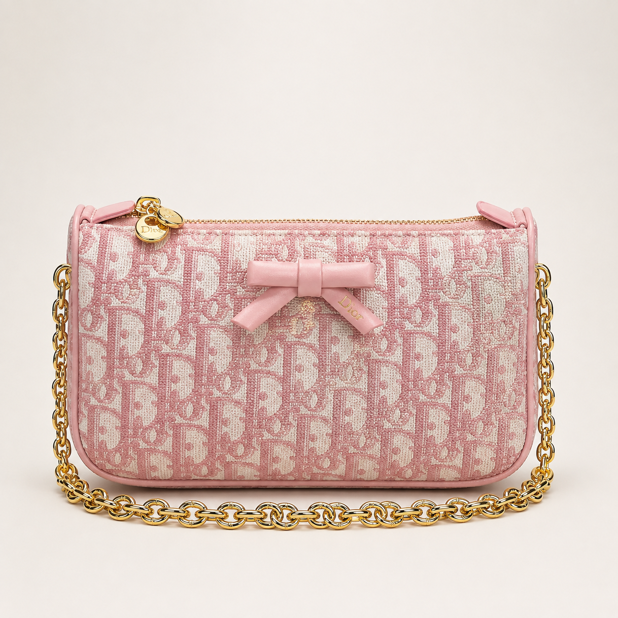 D-Inspired Oblique Jacquard Bow Chain Crossbody Bag (Pink)