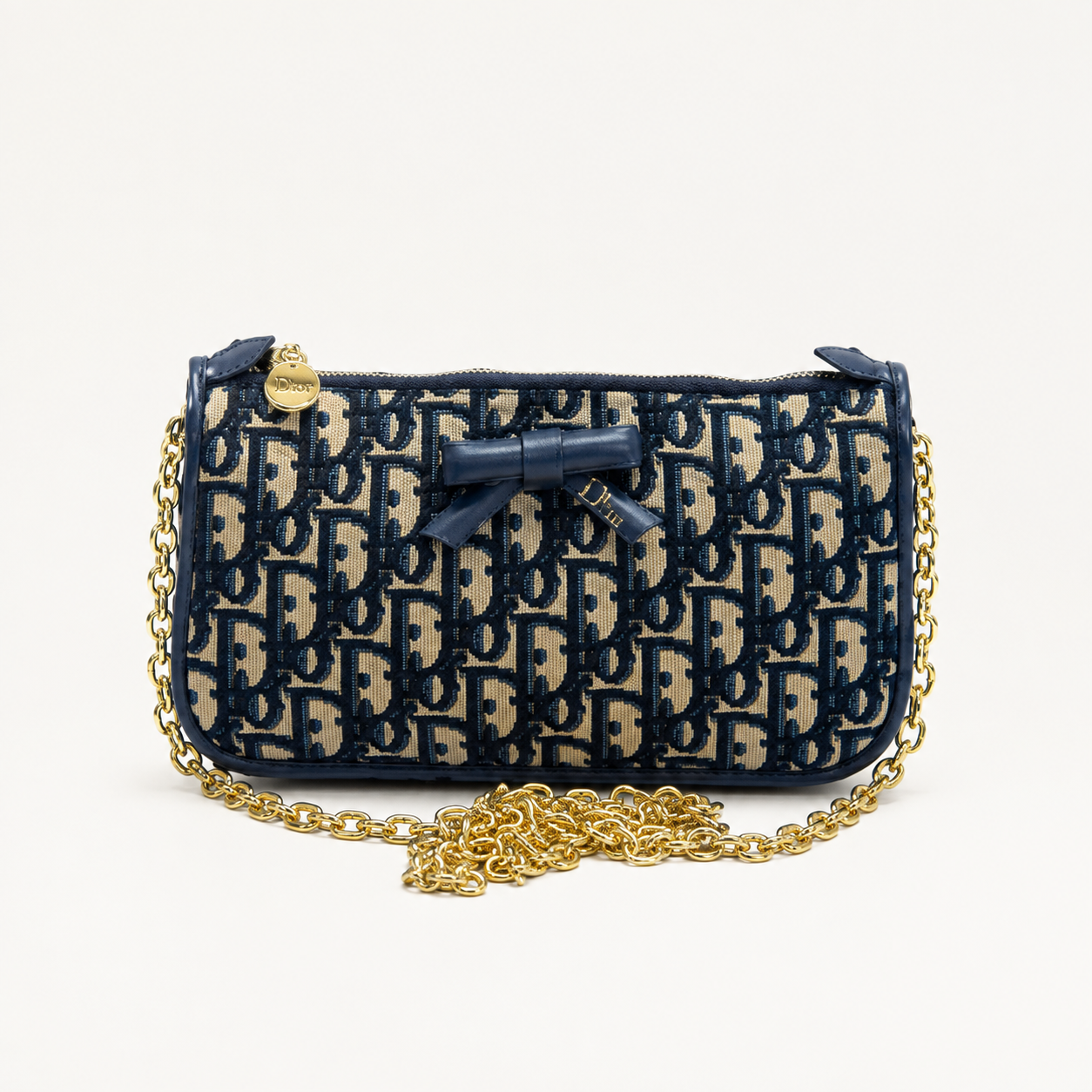 D-Inspired Oblique Jacquard Bow Chain Crossbody Bag (Blue)