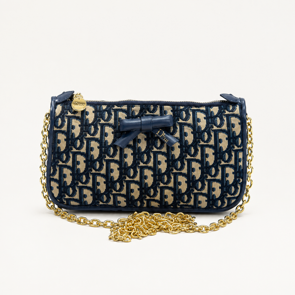 D-Inspired Oblique Jacquard Bow Chain Crossbody Bag (Blue)