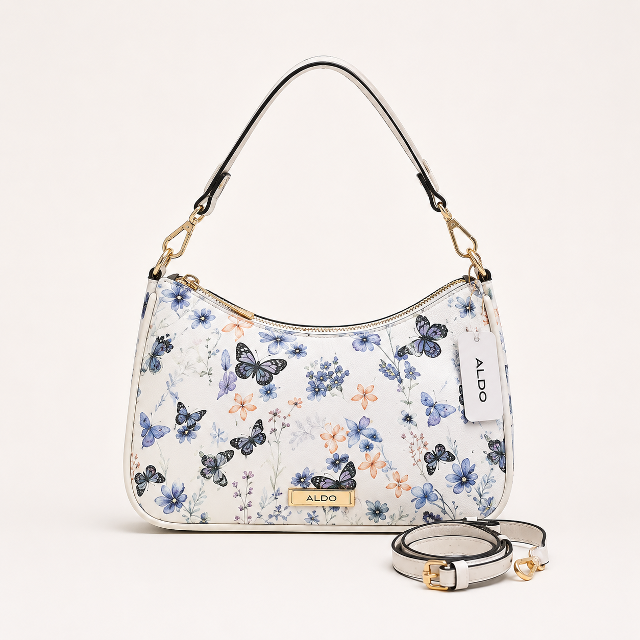 Aldo-Inspired Butterfly Printed Hobo Shoulder Bag With Box (Blue Flower)