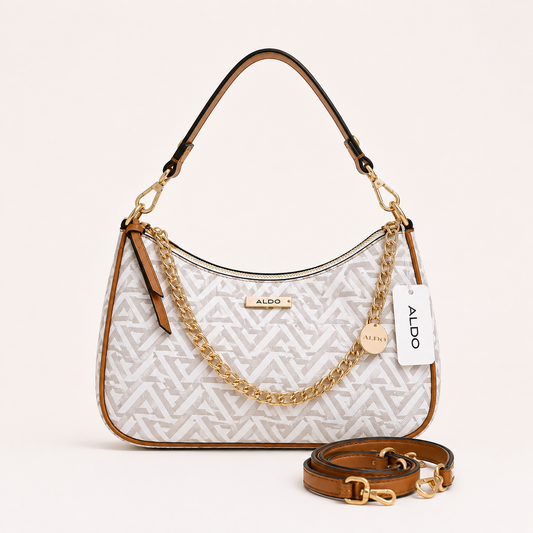 Aldo-Inspired Maricar White Geometrical Monogram Shoulder Bag With Box (White)