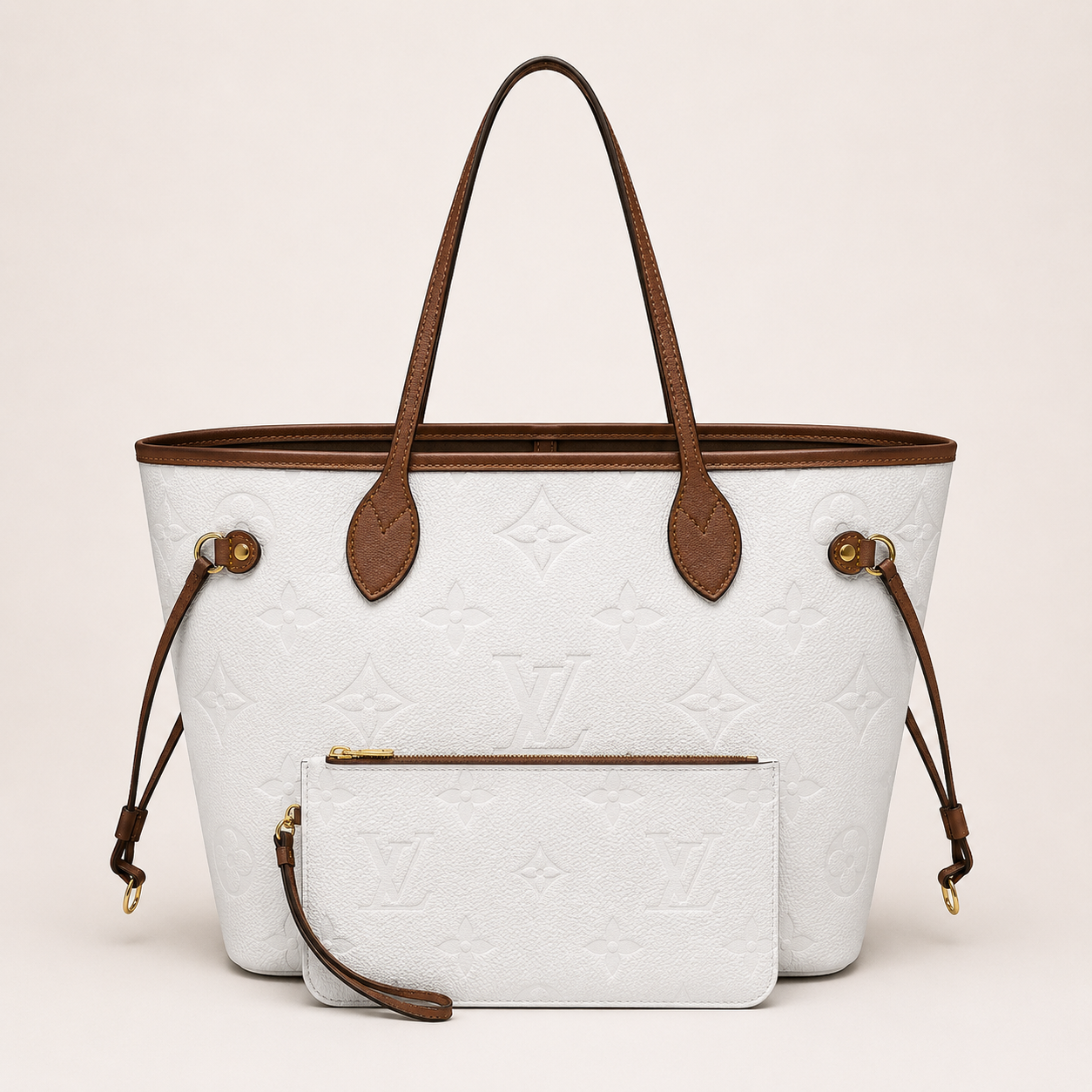 LV-Inspired Neverfull Embossed Premium Quality Tote Bag With Box And Dust Bag (White)