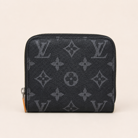 LV-Inspired Classic Monogram Compact Zip Wallet (Black Flower)