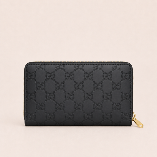 G-Inspired GG Embossed Premium Quality Zip Around Wallet (Black)