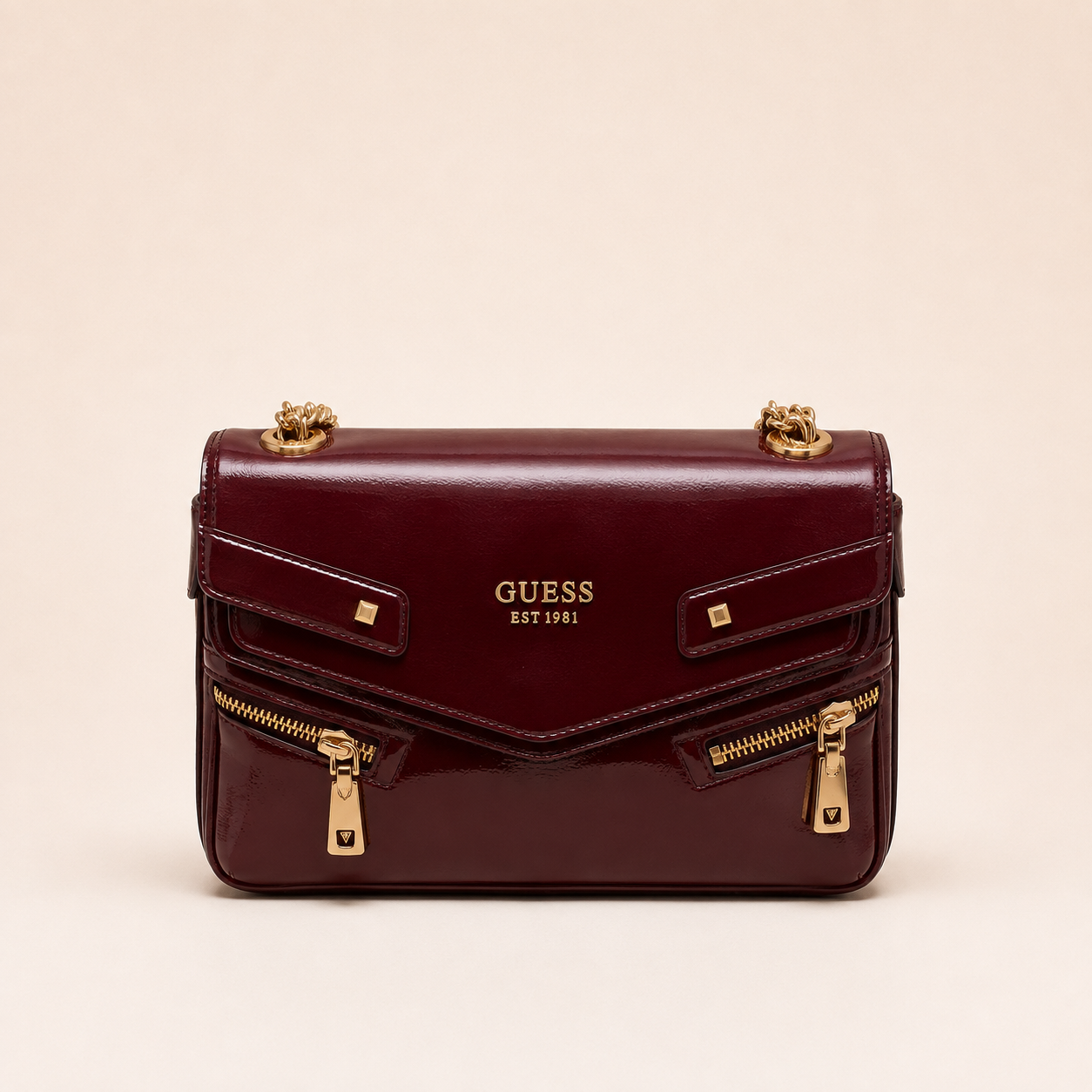 Guess-Inspired Trissa Glossy Convertible Flap Crossbody Bag With Box And Dust Bag (Maroon)