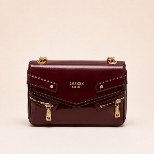 Guess-Inspired Trissa Glossy Convertible Flap Crossbody Bag With Box And Dust Bag (Maroon)