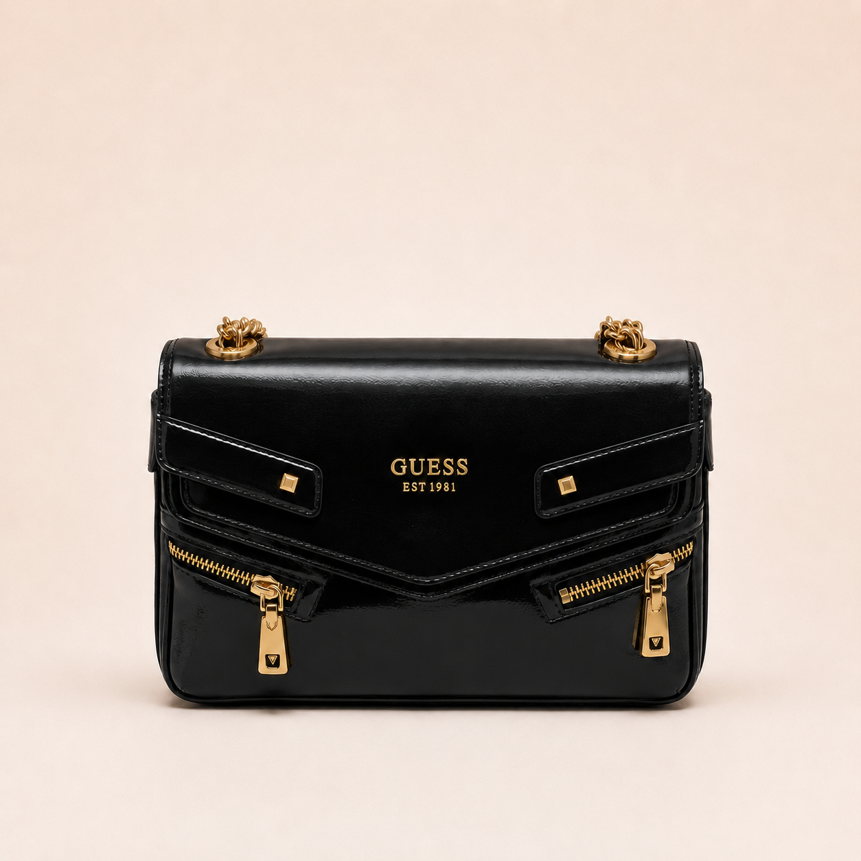 Guess-inspired Trissa Glossy Convertible Flap Crossbody Bag With Box And Dust Bag (Black)