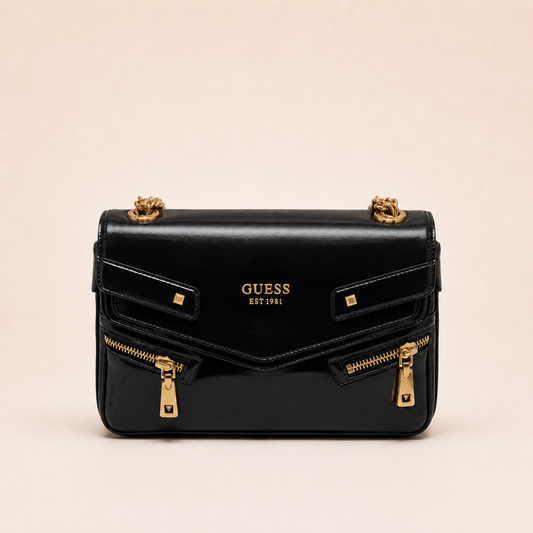 Guess-inspired Trissa Glossy Convertible Flap Crossbody Bag With Box And Dust Bag (Black)