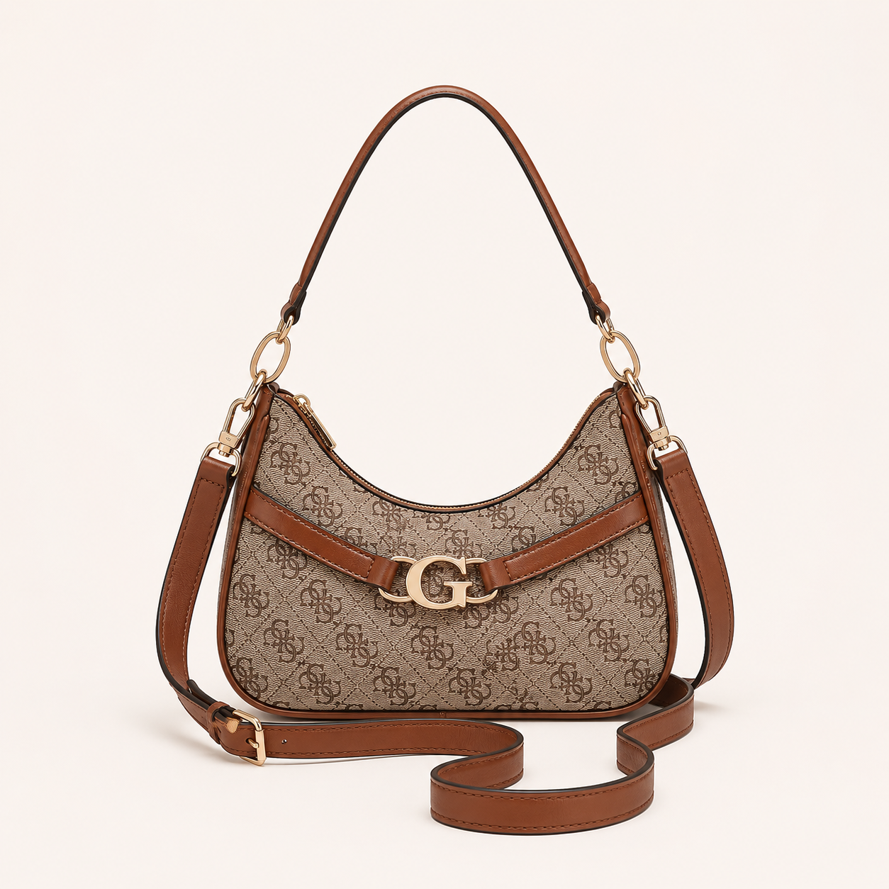 Guess Signature Monogram Baguette Shoulder Bag With Box And Dust Bag (Brown)