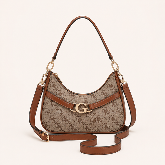 Guess Signature Monogram Baguette Shoulder Bag With Box And Dust Bag (Brown)