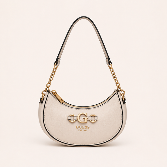 Guess-Inspired Nastra Top Zip Shoulder Bag With Box And Dust Bag (White)