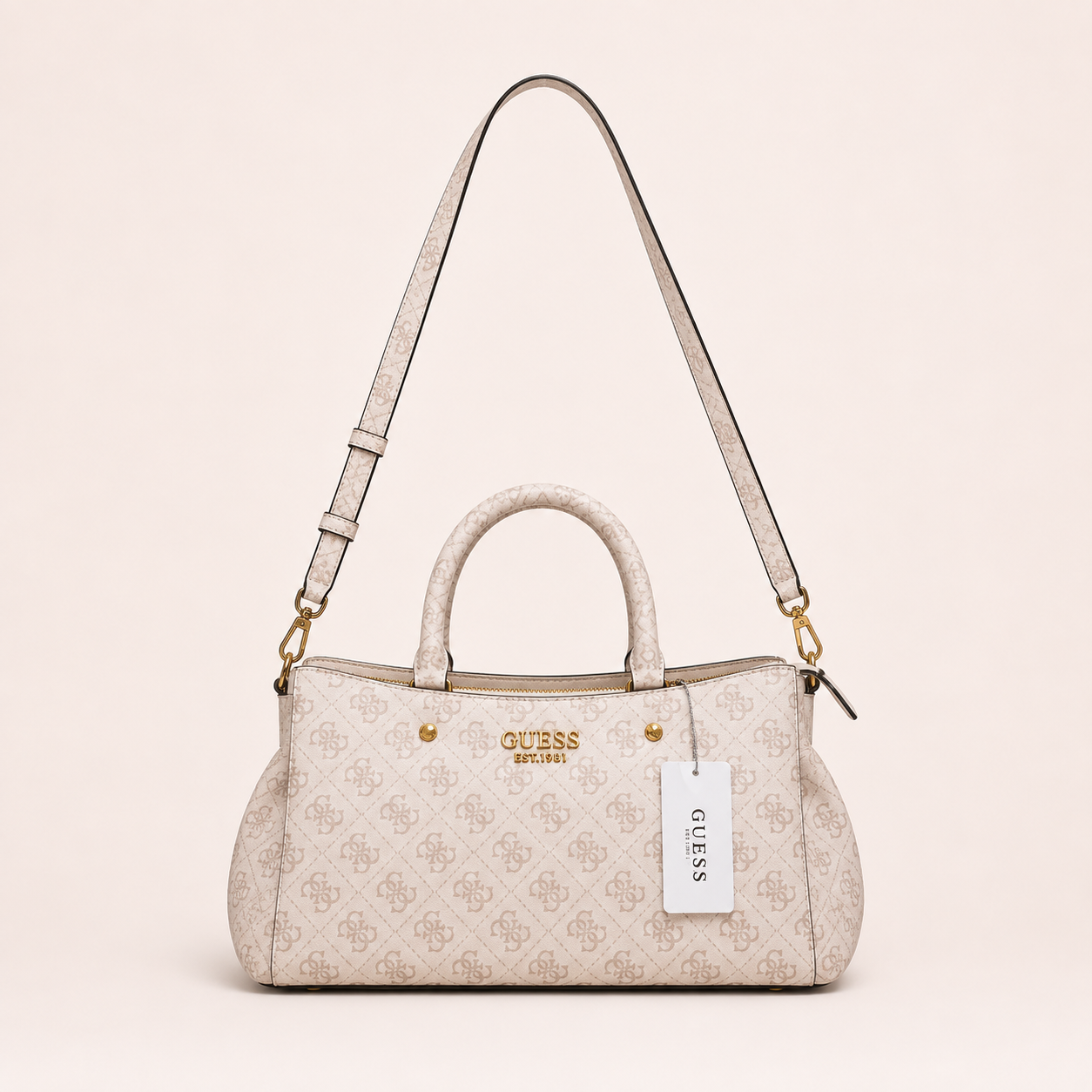 Guess-Inspired Monogram Mini Satchel Crossbody Bag (White)