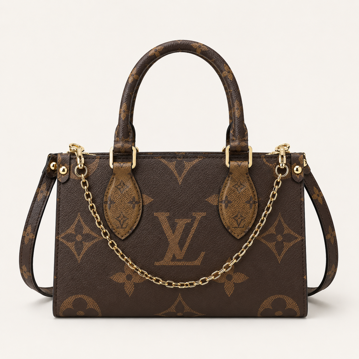 LV-Inspired On The Go East West Bi-Color Monogram Handbag With Double Box Packaging (Brown)