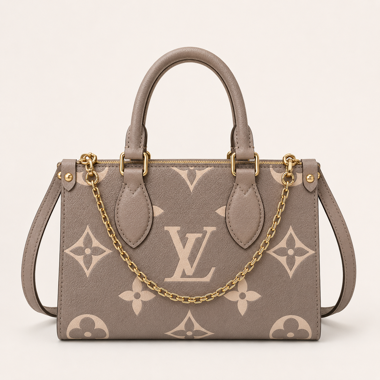 LV-Inspired On The Go East West Bi-Color Monogram Handbag With Double Box Packaging (Khaki)