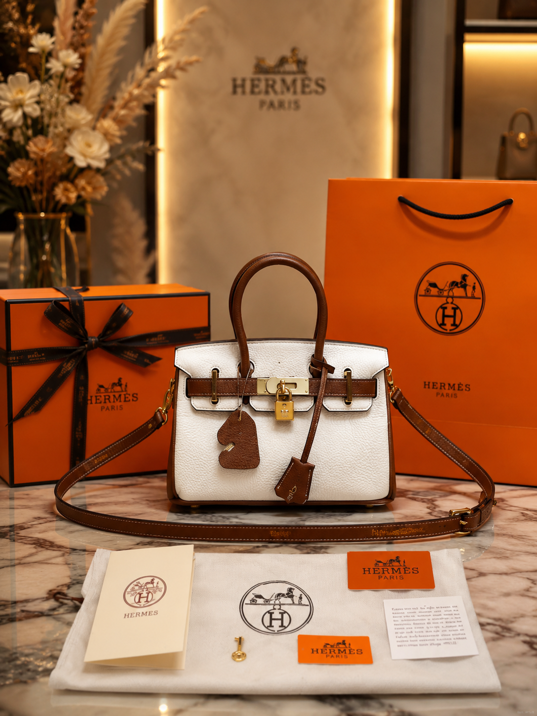 H-Inspired Togo Horseshoe Birkin Handbag With Box And Dust Bag And Carry Bag (BROWN)
