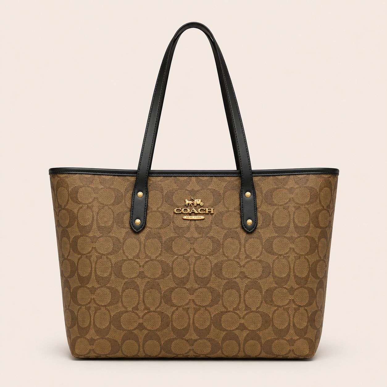 C-Inspired Signature Canvas Zip Tote Bag With Box And Dust Bag (Apricot)