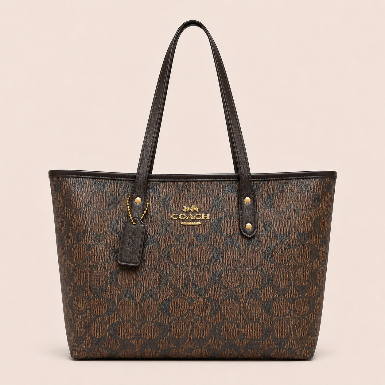 Coach Signature Canvas Zip Tote Bag With Box And Dust Bag (Coffee)