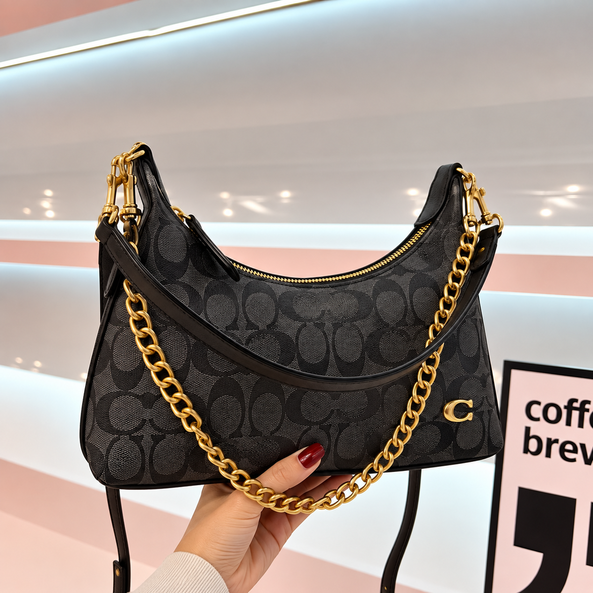 C-Inspired Signature Chain Hobo Shoulder Bag With Box And Dust Bag Including Carry Bag (Coffee-Black)