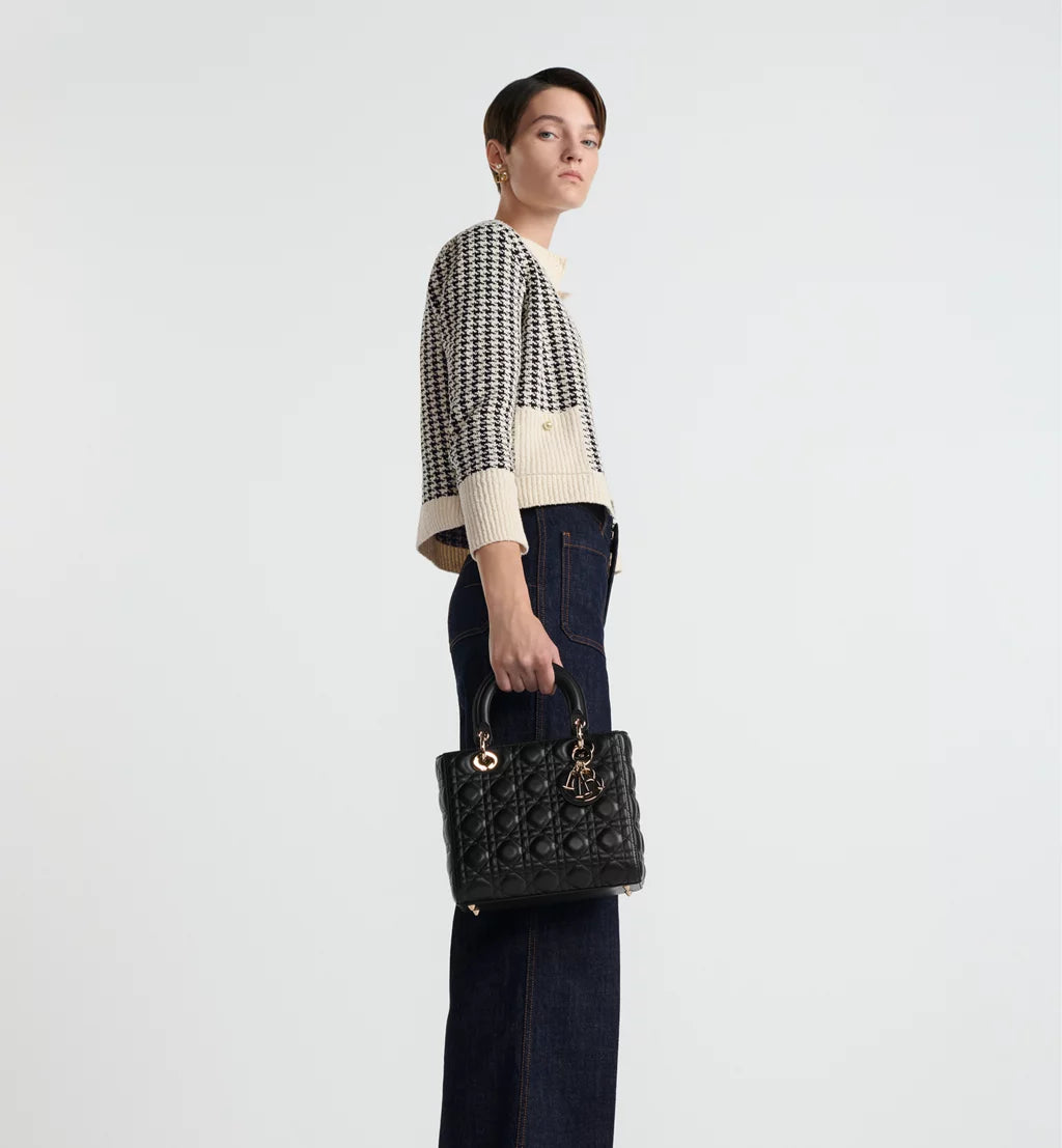 D-Inspired Medium Cannage Lady Handbag With Box And Dust Bag (Black)