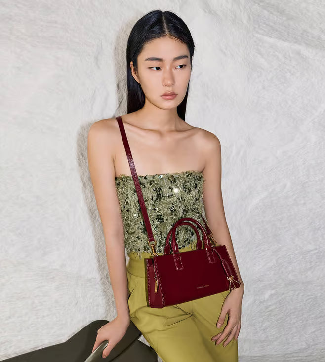 C&K-Inspired Structured Top Handle Shoulder Bag With Box And Dust Bag (Maroon)