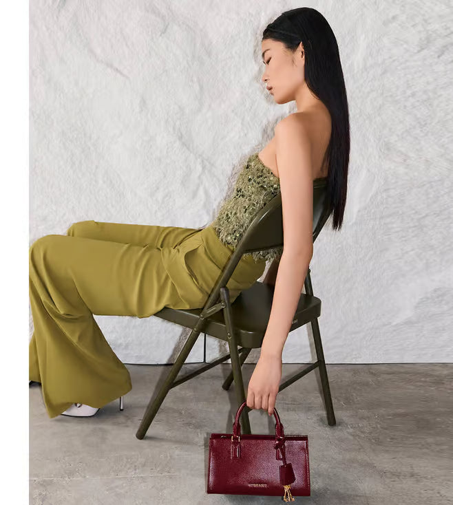 C&K-Inspired Structured Top Handle Shoulder Bag With Box And Dust Bag (Maroon)