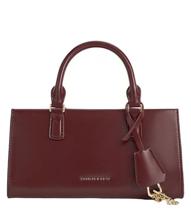 C&K-Inspired Structured Top Handle Shoulder Bag With Box And Dust Bag (Maroon)
