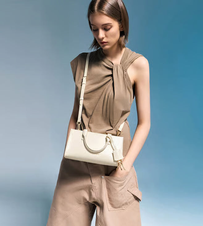 C&K-Inspired Structured Top Handle Shoulder Bag With Box And Dust Bag (White)